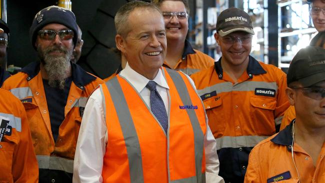 Bill Shorten with workers at Komatsu Australia in Perth. Picture: Colin Murty