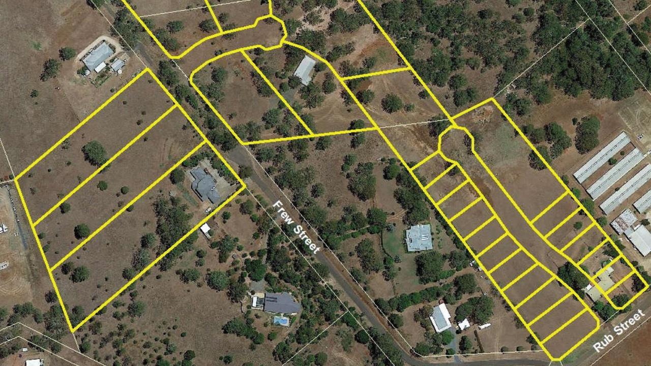 Approved plans for a new subdivision across Frew and Rub Streets in Darling Heights. Residents are concerned the development of higher-density lots on the right-hand side.