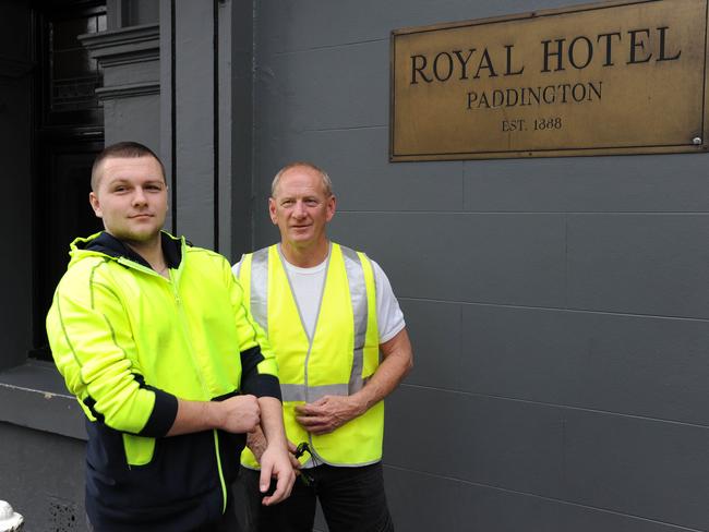 Tradies Mitchell and Wayne Howes after a ‘tradies special’ lunch at The Royal Hotel.