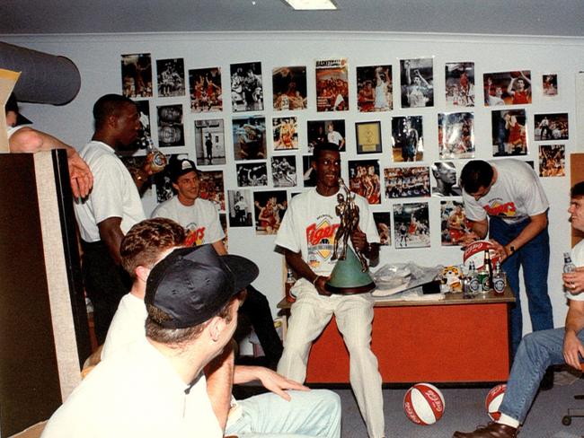 Lanard Copeland leads celebrations after the 1993 NBL title.