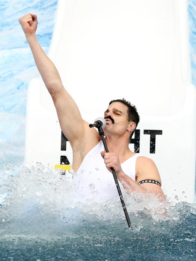 Nick Riewoldt dressed as Freddy Mercury hits the ice bath during the 2019 event. Picture: Michael Klein