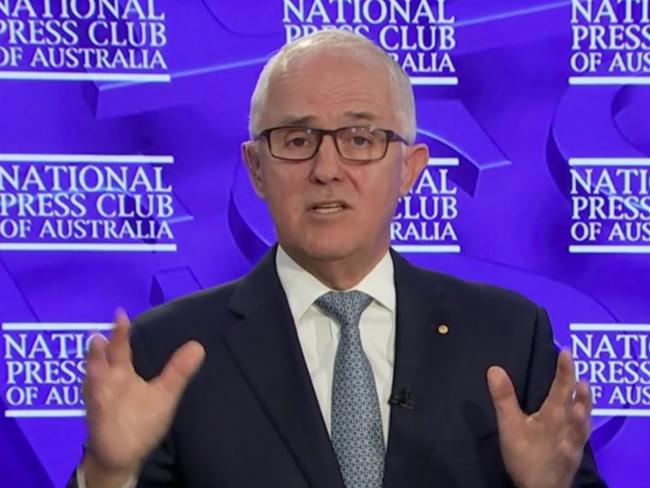 Malcolm Turnbull appearing virtually at the National Press Club on Wednesday, September 29, 2021.