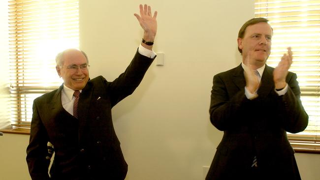 John Howard and then treasurer Peter Costello during the Liberal Party meeting at Parliament House in October 2004. Picture: AAP