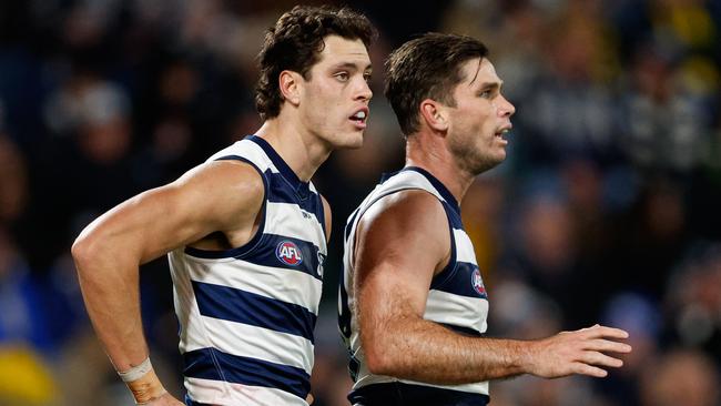 MELBOURNE, AUSTRALIA - JUNE 01: Shannon Neale of the Cats looks on during the 2024 AFL Round 12 match between the Geelong Cats and the Richmond Tigers at GMHBA Stadium on June 01, 2024 in Melbourne, Australia. (Photo by Dylan Burns/AFL Photos via Getty Images)