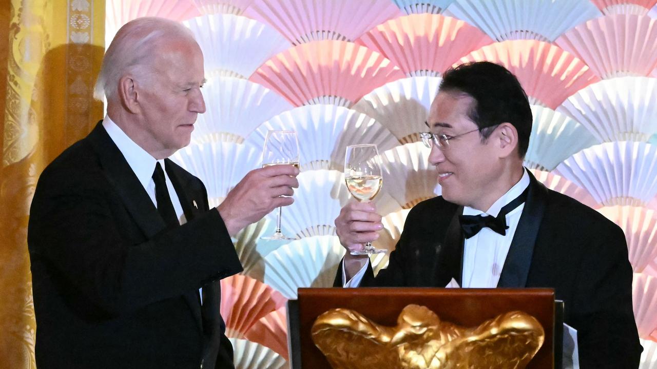 US President Joe Biden and Japanese Prime Minister Fumio Kishida raise their glasses to toast during a State Dinner in the East Room of the White House in Washington, DC, April 10, 2024. Picture: Mandel Ngan / AFP