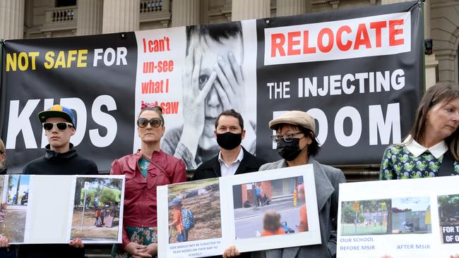 Protesters gather at Parliament House in Melbourne to request the government relocate the safe injection room. Picture: NCA NewsWire / Andrew Henshaw