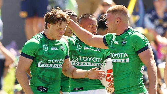 QUEANBEYAN, AUSTRALIA - FEBRUARY 25: Ethan Strange of the Raiders celebrate a try with team mates during the NRL Pre-season challenge match between Canberra Raiders and North Queensland Cowboys at Seiffert Oval on February 25, 2024 in Queanbeyan, Australia. (Photo by Mark Nolan/Getty Images)