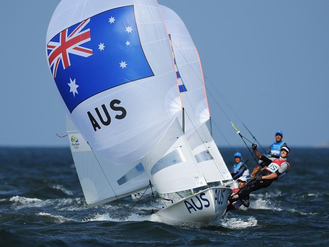 RIO DE JANEIRO, BRAZIL - AUGUST 18: Mathew Belcher (helm) of Australia and Will Ryan of Australia compete on their way to winning the silver medal in the Men's 470 class at the Marina da Gloria on Day 13 of the 2016 Rio Olympic Games on August 18, 2016 in Rio de Janeiro, Brazil. (Photo by Matthias Hangst/Getty Images)