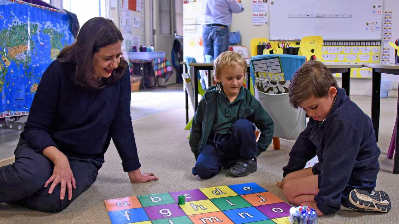 Annastacia plays a STEM game with students Karson Law and Sonny Smith. Picture: Alexia Austin