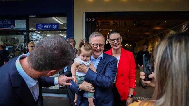 Prime Minister Anthony Albanese joined Chris Minns, NSW Labor Leader and Katelin McInerney, NSW Labor Candidate for Kiama, for a street walk in Kiama NSW. Picture: VIA NCA NewsWire.