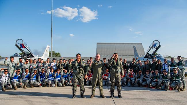 LTC Michael G Rabina PAF, Air Commodore Pete Robinson and COL Randy M Pascua PAF (GSC) as Filipino fighter pilots touch down in Darwin for Exercise Pitch Black 24. Picture: Pema Tamang Pakhrin