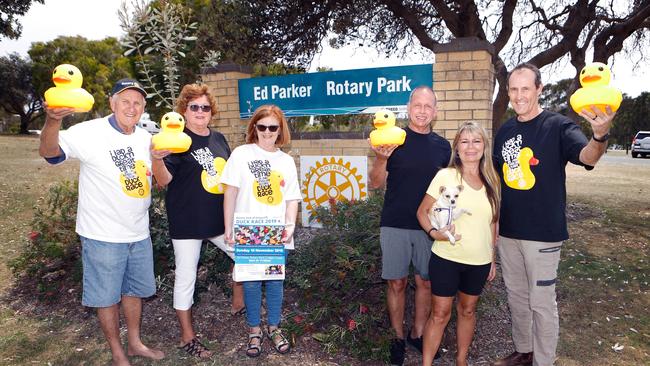 Looking forward to the annual Kingscliff Rotary Duck Race on Cudgen Creek this Sunday are avid 'duck racers' Les Holt, Liz Terrill, Julie Noble, Phil Smit, xxxx and Rory Curtis. Photo:RICHARD MAMANDO