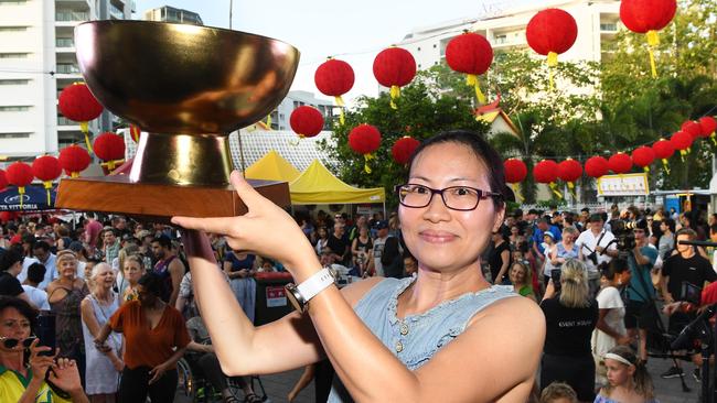 Melanie Chin, from Chok’s Place, with the golden bowl trophy for the 2019 Darwin International Laksa Festival. Picture: Katrina Bridgeford