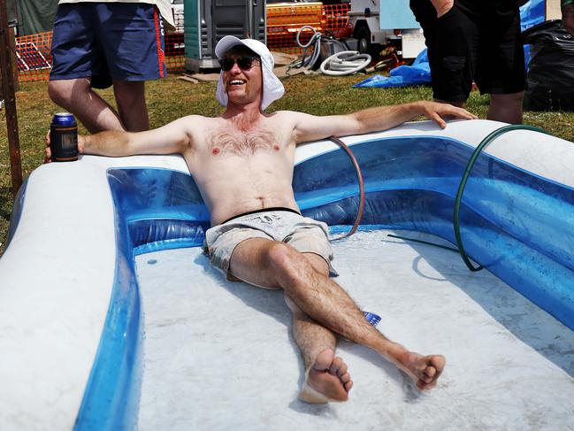 Nick “Showboats” Bradford pictured cooling off in is inflatable pool. Picture: Sam Ruttyn