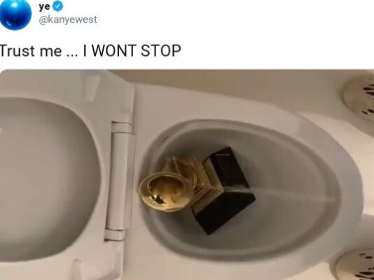 Kanye West posted a video of him allegedly urinating on one of his Grammy awards. Picture: Twitter