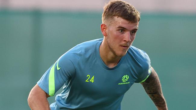 DUBAI, UNITED ARAB EMIRATES - MAY 27: Riley McGree of Australia in action during an Australian Socceroos training session on May 27, 2021 in Dubai, United Arab Emirates. (Photo by Francois Nel/Getty Images)