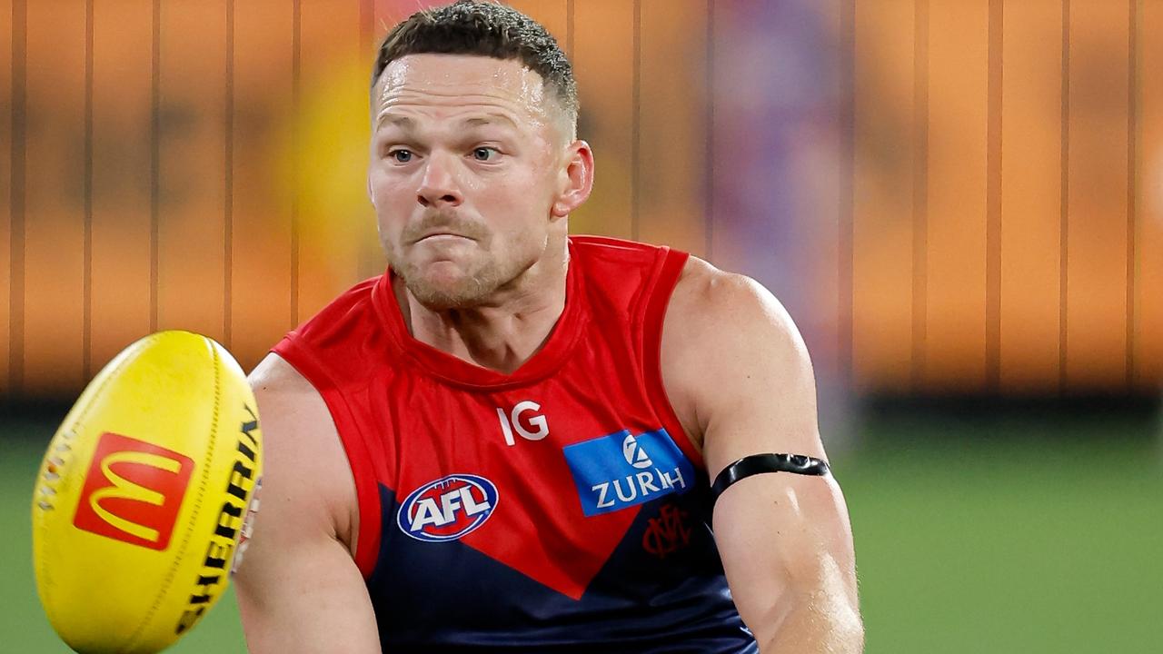 Simon Goodwin says Melbourne defender Steven May is ‘a bit embarrassed’ after he was fined for staging in Saturday night’s game against North Melbourne. Picture: Dylan Burns / Getty Images