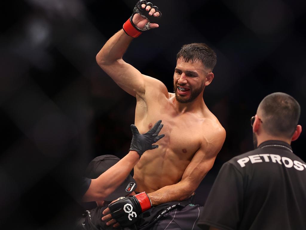 \Yair Rodriguez of Mexico reacts after his submission victory over Josh Emmett of the United States in the UFC interim featherweight championship fight during UFC 284 at RAC Arena on February 12, 2023 in Perth, Australia. (Photo by Paul Kane/Getty Images)