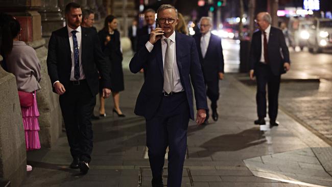 Anthony Albanese heads to the Business Council of Australia’s annual dinner at the Fullerton Hotel in Sydney. Picture: Adam Yip