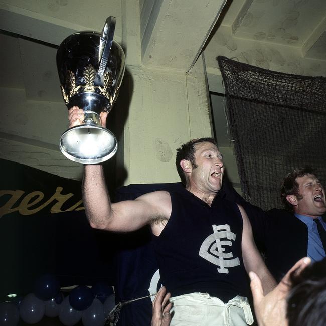 John Nicholls with the premiership cup after Carlton’s 1970 win against Collingwood.