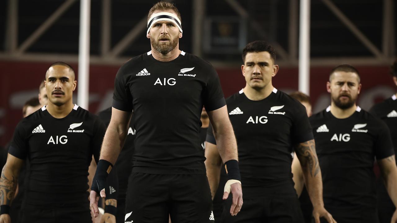 Kieran Read of the All Blacks leads the haka.