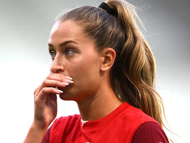 SAINT-ETIENNE, FRANCE - JULY 25: Jordyn Huitema #9 of Team Canada gestures during the Women's group A match between Canada and New Zealand during the Olympic Games Paris 2024 at Stade Geoffroy-Guichard on July 25, 2024 in Saint-Etienne, France. (Photo by Tullio M. Puglia/Getty Images)