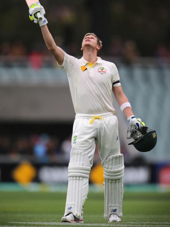 Steve Smith paid tribute to the late Phillip Hughes after his day two century. Picture: Scott Barbour/Getty Images