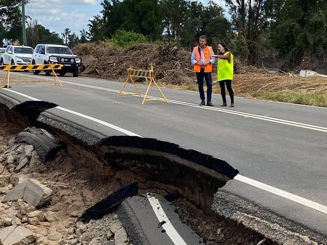 Transport Minister Andrew Constance surveys a flood damaged road in the Hawkesbury with Hawkesbury MP Robyn Preston., The Minister says it could be months before important roads such as the Bells Line Of Road reopen after flood damage. , Picture: Supplied