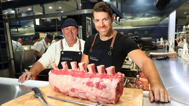 Father-and-son Dave and James Madden in their Flinders + Co butcher shop at South Melbourne Market. Picture Yuri Kouzmin
