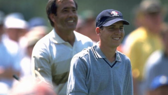Sergio Garcia with Seve Ballesteros during a practice round at Augusta National. Augusta in 1999. CREDIT: Robert Beck /Sports Illustrated / Getty Images