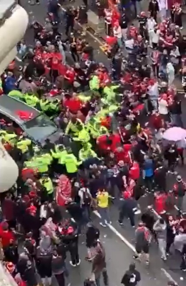 A car rams into the Liverpool Premier League victory parade. Picture: X