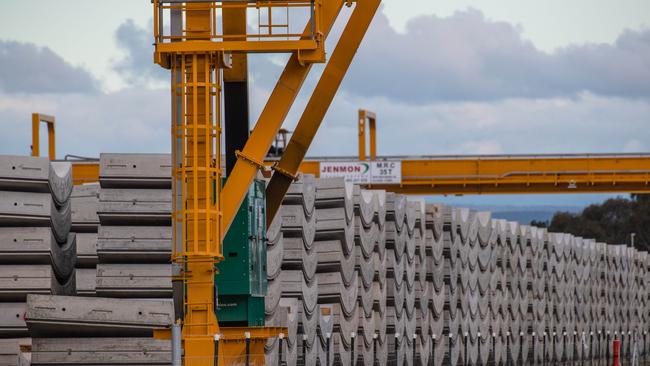 Hundreds of concrete segments for the tunnel boring machines are waiting at Benalla. Picture: Jason Edwards