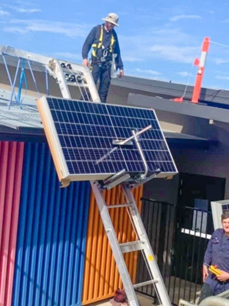 A solar panel being installed at the Chinchilla Community Kindergarten. Picture: WDRC