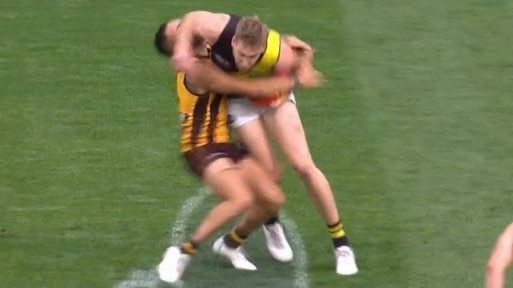 A freeze-frame moment from Fox Footy’s coverage, showing Tom Lynch and Hawthorn’s Jarman Impey colliding at the MCG on Saturday.