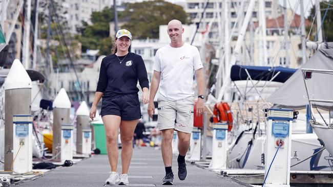 Twins Jess and Tom Grimes are ready to race with their father Richard to Hobart. Pic: Sam Ruttyn