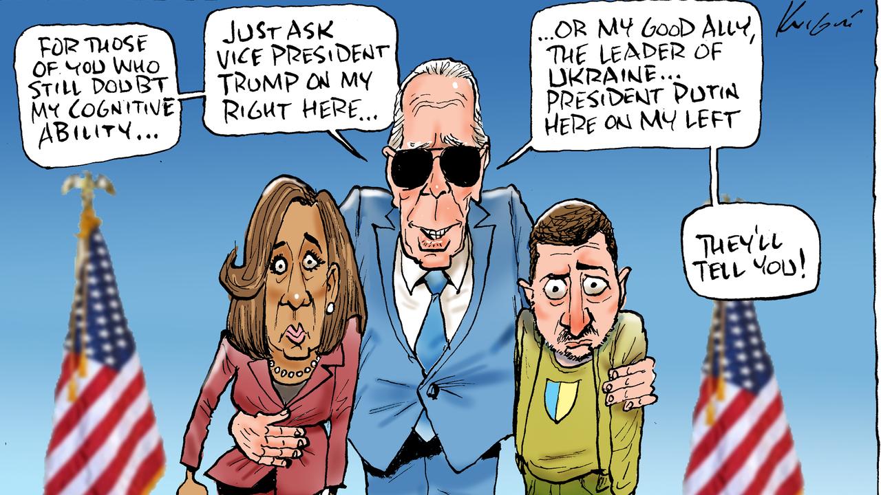 Mark Knight also tackled a cartoon on Joe Biden's embarrassing errors in his NATO speech, which included calling Ukraine President Zelensky “President Putin”, the Russian leader who invaded Ukraine and started the war still being waged there. Picture: Mark Knight