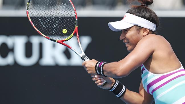 Heather Watson plays a backhand against Australian Naiktha Bains in their qualifying match at the Hobart International. Picture: LUKE BOWDEN