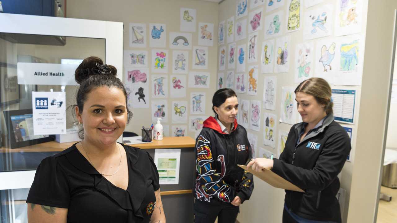 Tamika Campbell (front) with Karen Scofield and Nicola Carlish (right) of The Fit Lab Carbal as federal funding for an allied health project to be run by Carbal Medical Services is announced, Monday, June 22, 2020. Picture: Kevin Farmer