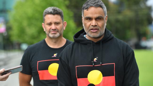 Aboriginal Affairs Minister Kyam Maher and Commissioner for first nations Voice Dale Agius regarding the referendum result at Victoria Square. Picture: Keryn Stevens