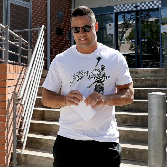 Jarryd Hayne reports to Merrylands police station after his release from jail. Picture: NCA NewsWire/Dylan Coker