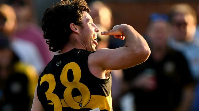Ethan Johnstone of the Tigers celebrates kicking a goal during the 2023 MPFNL Division One Seniors Grand Final match between Dromana and Frankston YCW at Frankston Park in Frankston, Victoria on September 17, 2023. (Photo by Josh Chadwick)