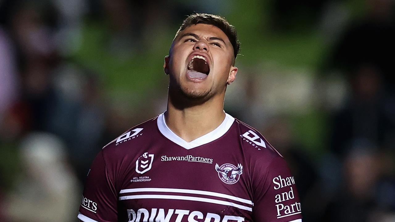 SYDNEY, AUSTRALIA - JUNE 17: Joel Schuster of the Sea Eagles reacts during the round 15 NRL match between the Manly Sea Eagles and the North Queensland Cowboys at 4 Pines Park, on June 17, 2022, in Sydney, Australia. (Photo by Cameron Spencer/Getty Images)