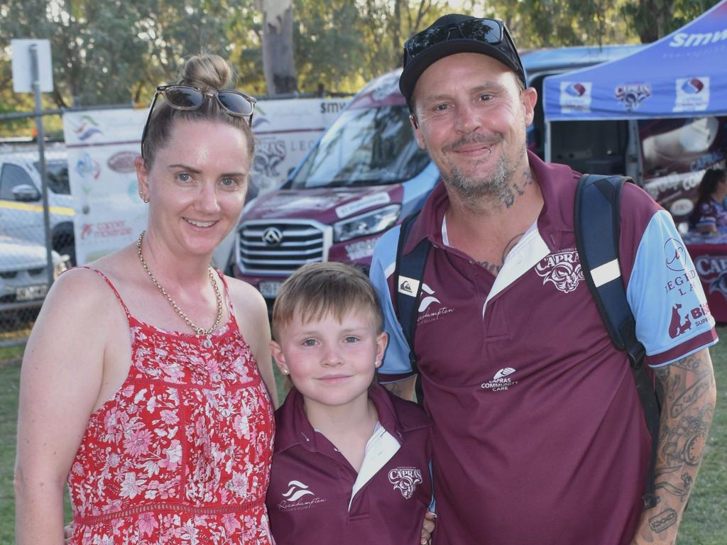 Mel, Owen and Mat Hodges at the CQ Legends Capras versus Comets game at Rugby Park, Rockhampton, on October 26, 2024.