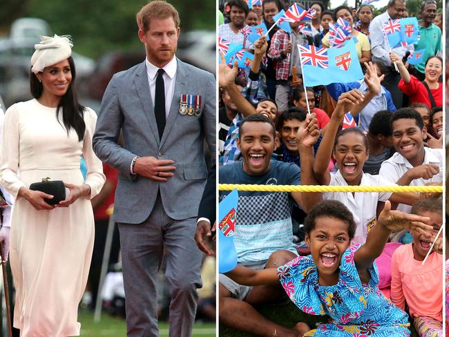 ROYAL TOUR FIJI 2018. The Duke and Duchess of Sussex Prince Harry and Meghan arrive at Albert Park in Suva to a traditional Fijian welcome. Pic Nathan Edwards.