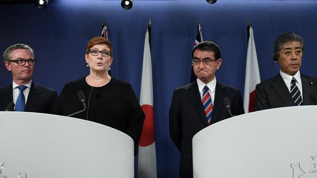 From left, Christopher Pyne and Marise Payne with Japanese counterparts Taro Kono and Takeshi Iwaya yesterday. Picture: AAP