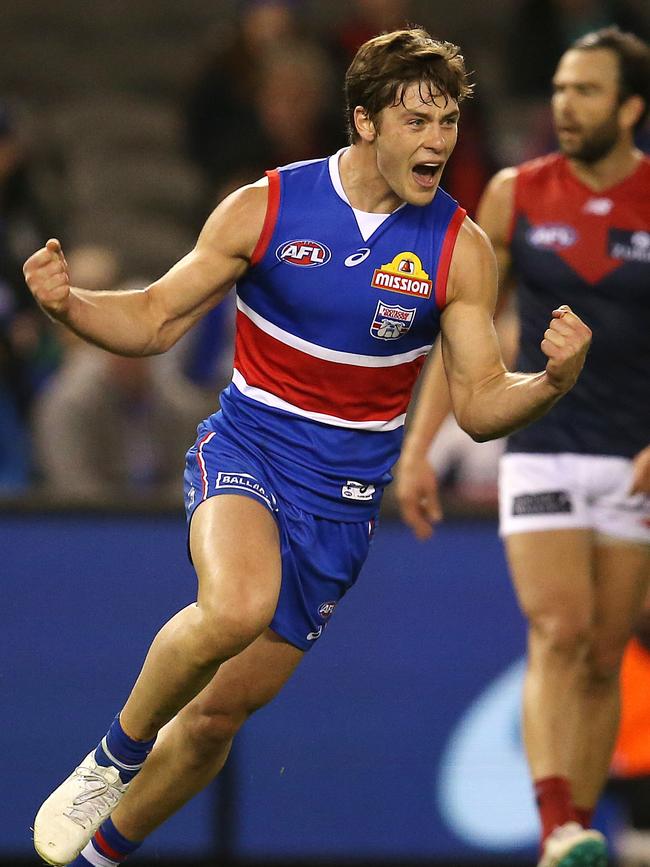 The Dogs star celebrates one of his two goals. Picture: Michael Klein