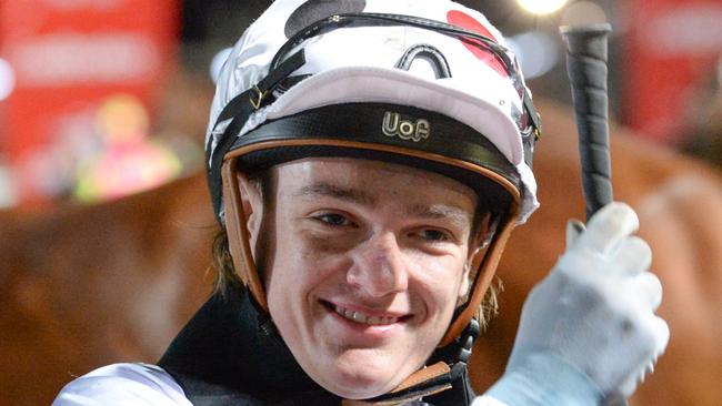 Luke Cartwright after winning the Melbourne Civil Group C,G&E BM64 Handicap at Cranbourne Racecourse on March 14, 2024 in Cranbourne, Australia. (Photo by Ross Holburt/Racing Photos via Getty Images)