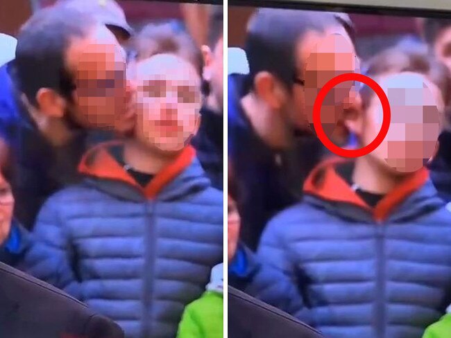 A man was seen biting the ear of a child on a BBC broadcast of the world snooker championships.