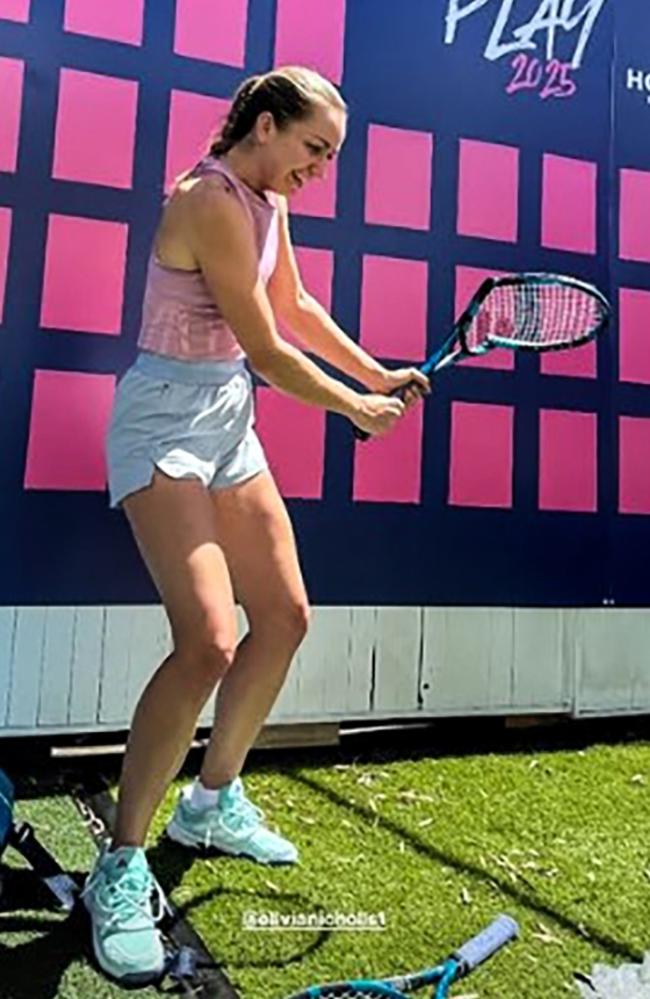 British tennis player Olivia Nicholls poses with her broken racquets. Picture: Instagram/Tereza Mihalikov.