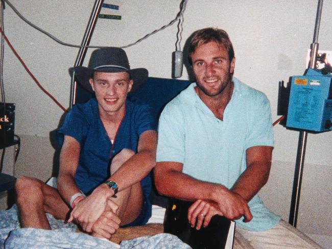 Michael Hardy and Essendon footballer Tim Watson in hospital in 1988.